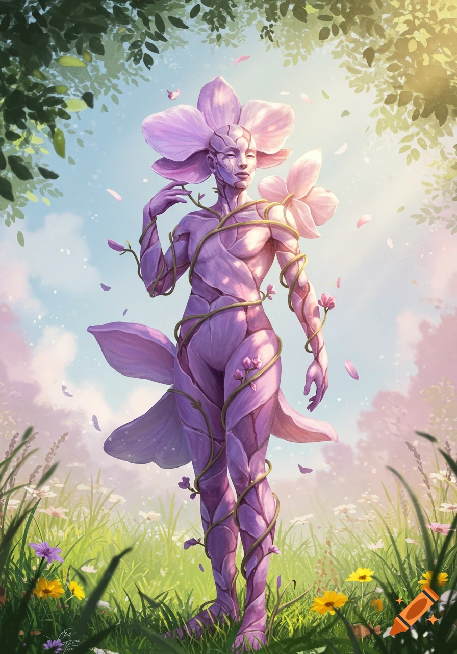 A stylized purple flower-human hybrid figure stands in a vibrant grassy field with wildflowers, under a bright sky with leafy trees. Petals fall around the figure.