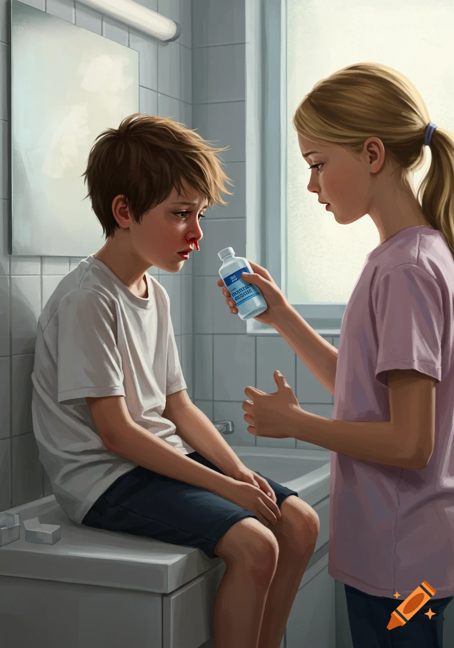 An emotional boy with a bloody nose sits on a bathroom counter as a girl offers him a bottle of hydrogen peroxide.