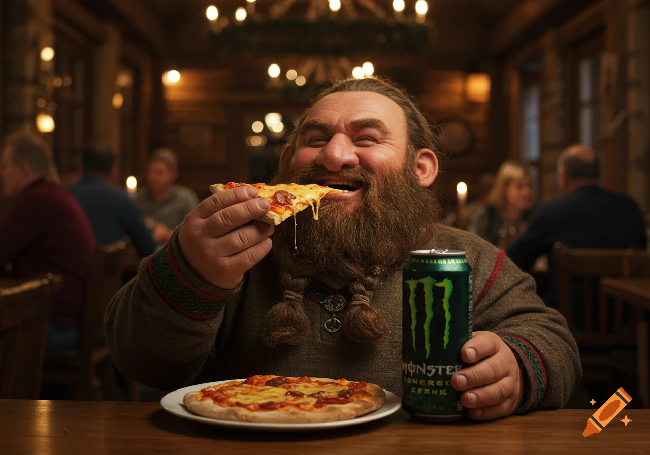 A happy, bearded dwarf eats a slice of pizza with stringy cheese and holds a Monster energy drink in a rustic restaurant.