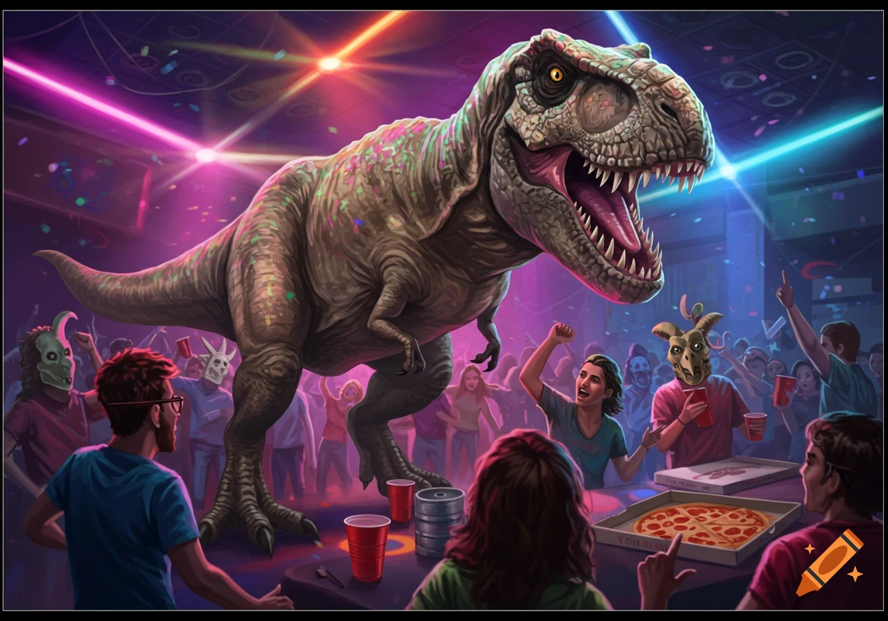 A vibrant illustration of a T-Rex towering over a crowded party scene with people in masks, neon lights, and pizza on a table.