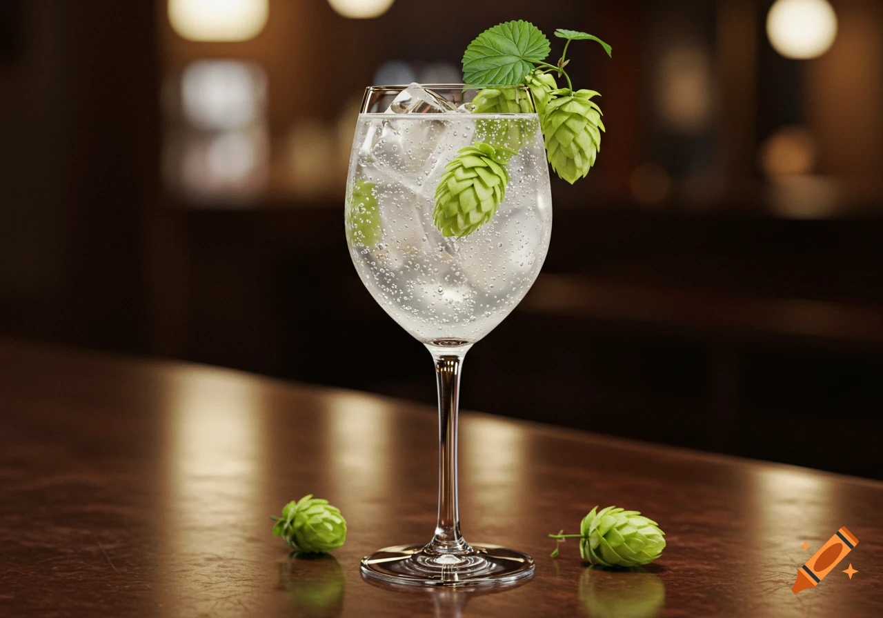 Photorealistic Hugo spritz cocktail with ice, bubbles, and green hops garnish on a dark wooden bar.