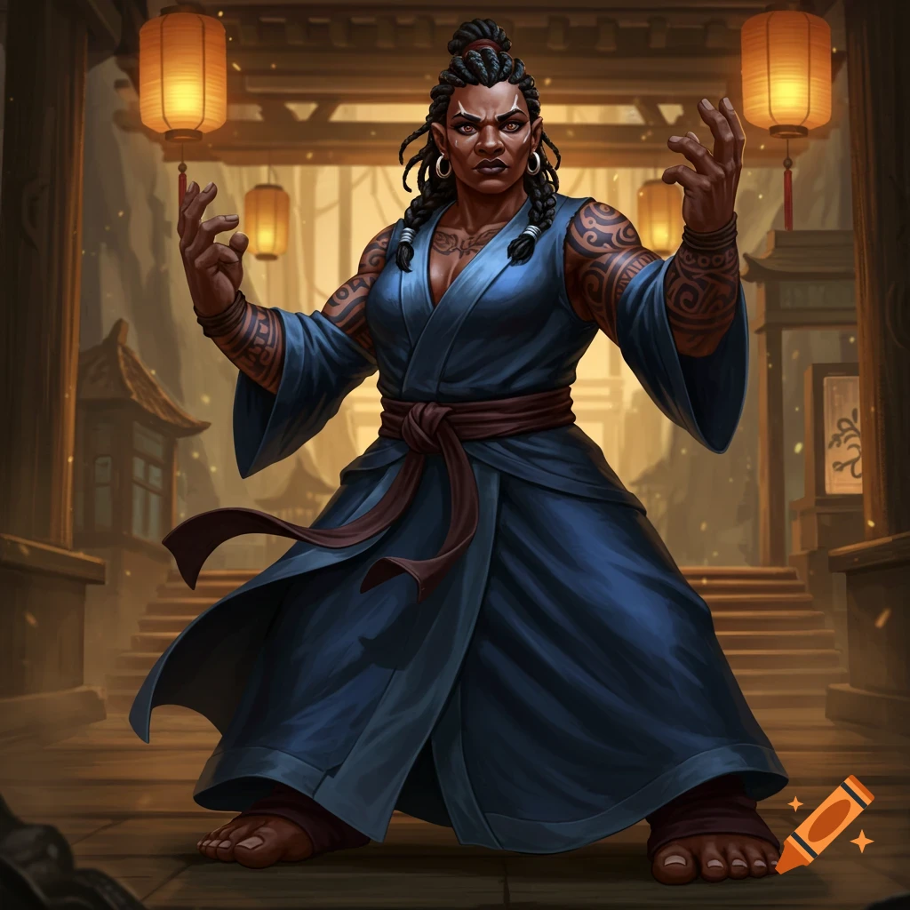 Muscular dark-skinned female martial artist in a blue robe with tattoos, hands raised, standing in an Asian temple with lanterns.