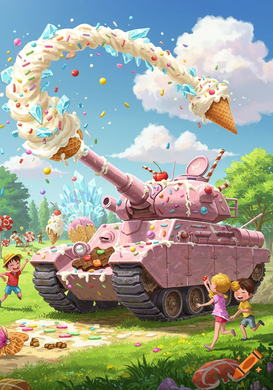 A whimsical pink tank covered in sprinkles shoots ice cream cones and candies. Children play in a sunny, grassy field.