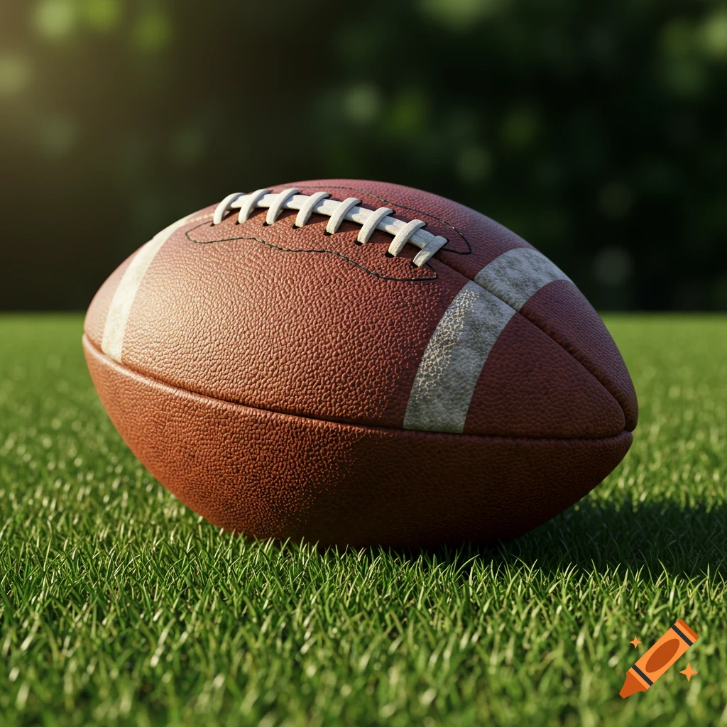 A photorealistic close-up of a brown American football with white laces on green grass, bathed in sunlight.