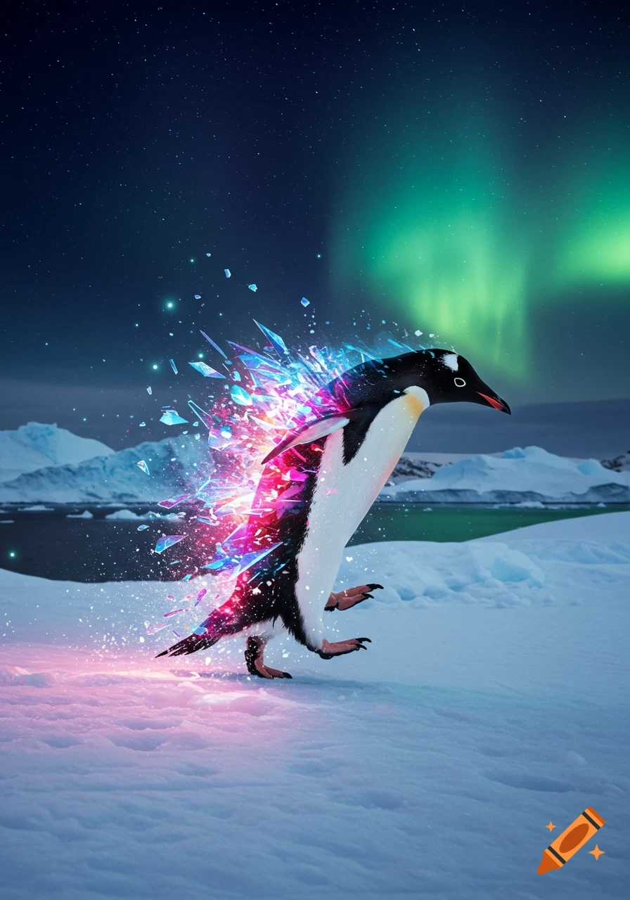 A penguin bursts with colorful crystal energy on a snowy field under a green aurora and starry night sky.