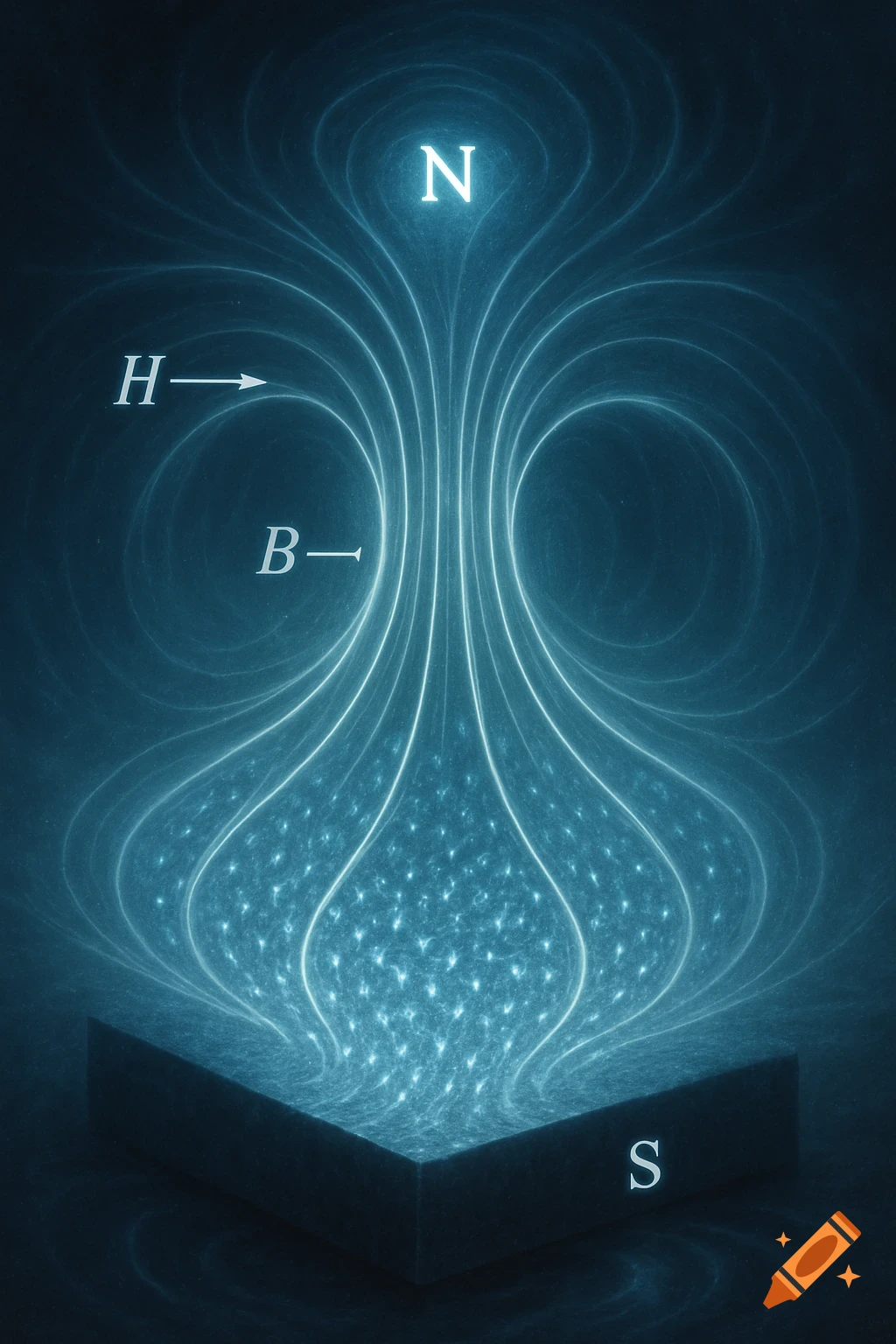A glowing blue diagram illustrating magnetic induction, with field lines emanating from an 'S' pole block to an 'N' pole, labeled with 'H' and 'B' fields.