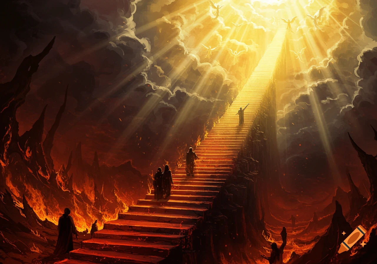 A long, glowing stairway rises from a fiery, hellish landscape into a bright, angelic sky with figures ascending.