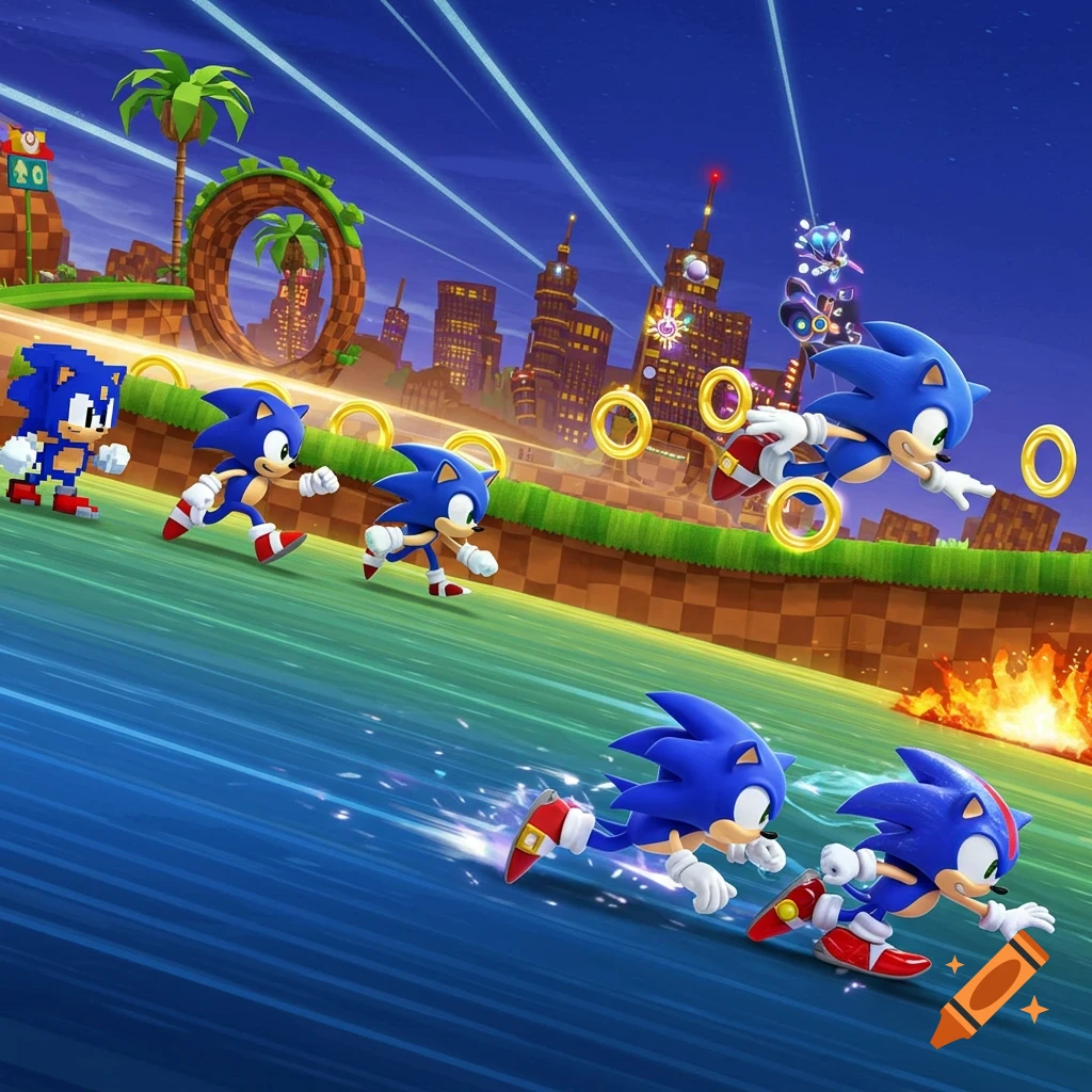 Multiple versions of Sonic the Hedgehog, from pixelated to modern 3D, run across a vibrant video game landscape with rings and a city skyline.