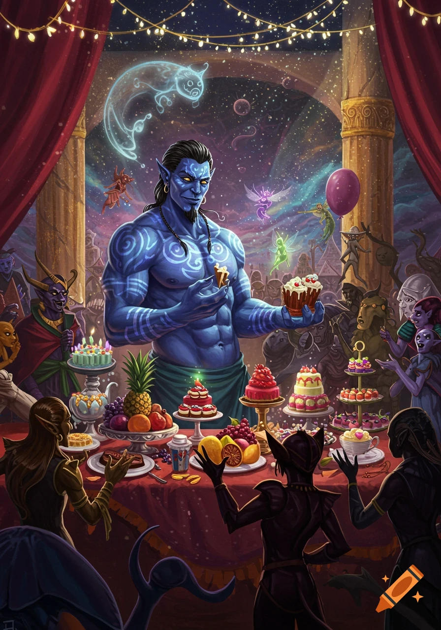A muscular blue-skinned man with tribal tattoos holds treats at a lavish fantasy party with various mythical creatures and a starry sky.