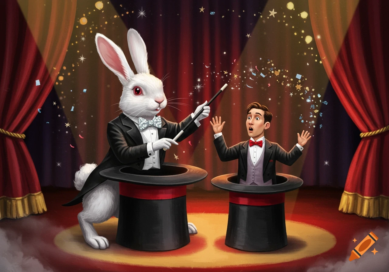 A white rabbit magician in a tuxedo pulls a man out of a top hat on a stage with red curtains, in a fantastical illustration.