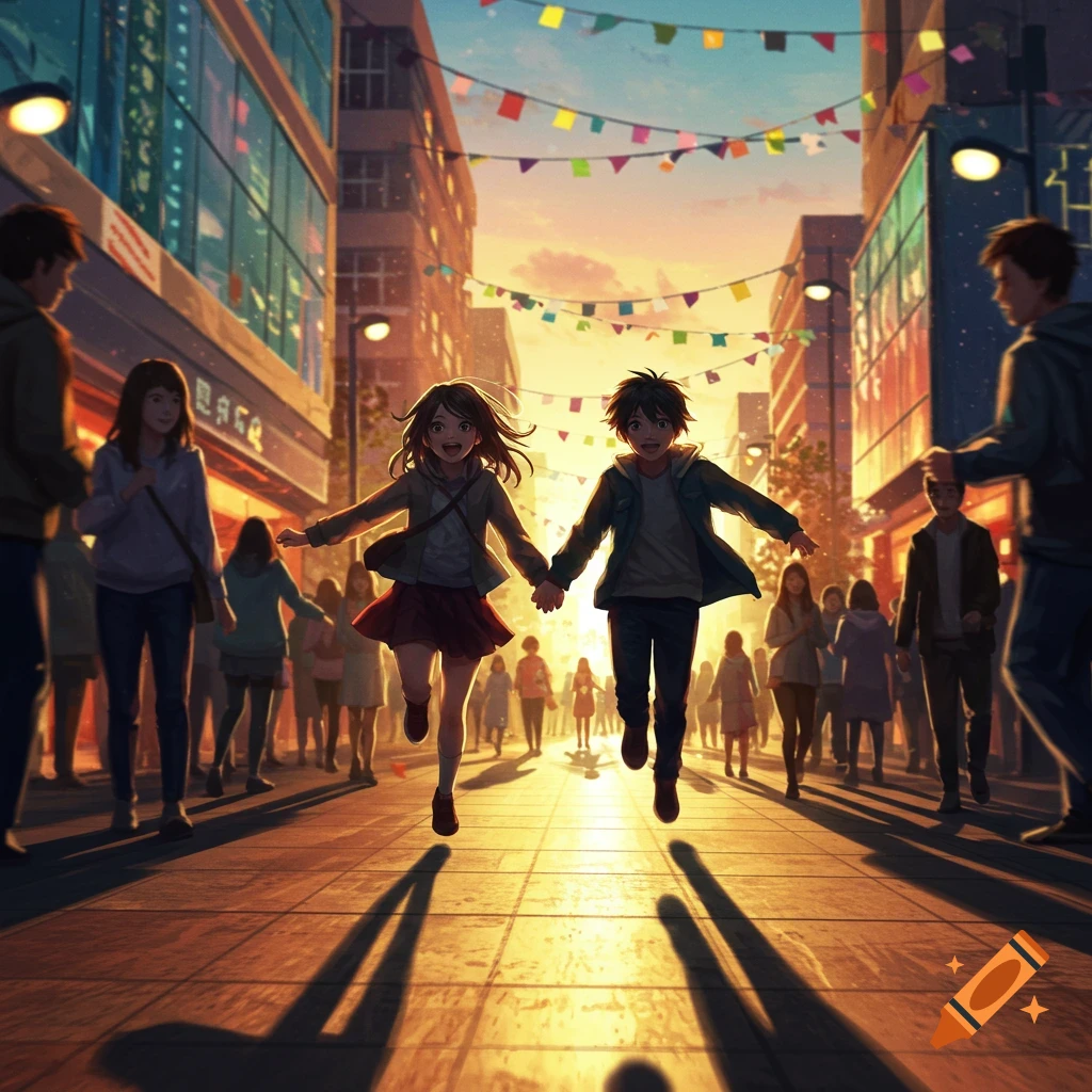 Anime boy and girl run hand-in-hand through a crowded city street at sunset, with colorful flags strung above.