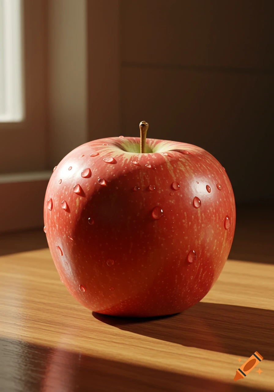 A single red apple covered in water droplets sits on a wooden surface, partially illuminated by sunlight.