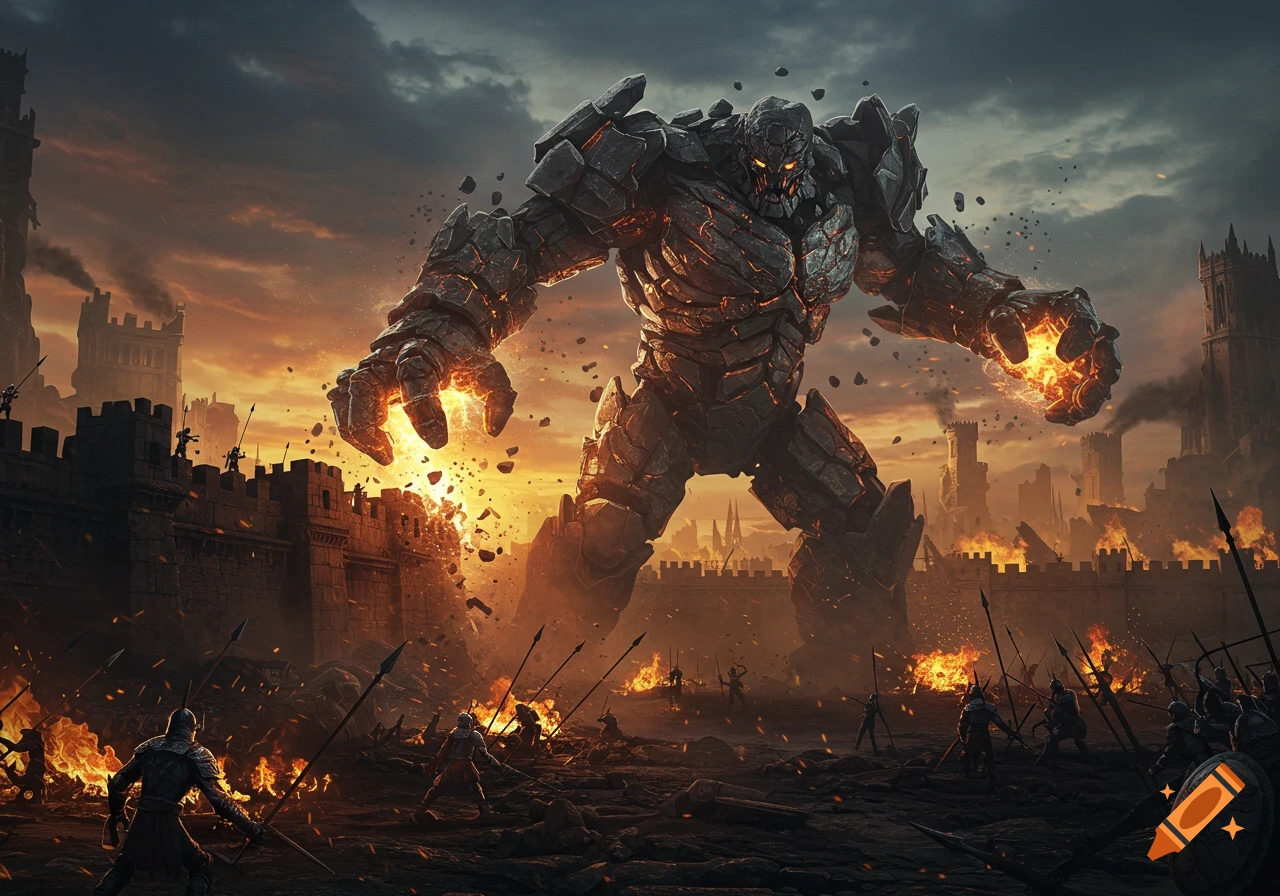 A giant rock golem with glowing hands attacks a fortified city at sunset, as small soldiers battle below amidst fire and debris.