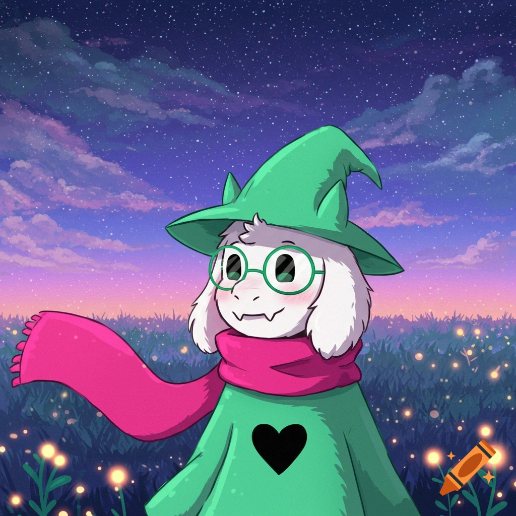 Ralsei, a white fluffy character with green glasses and hat, and a pink scarf, stands in a glowing field under a starry twilight sky.