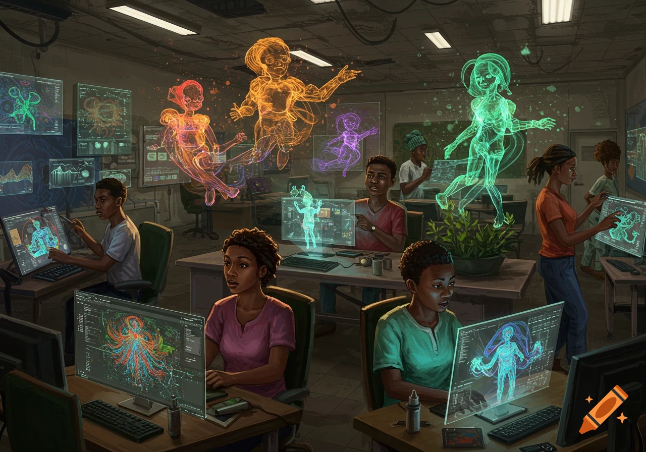 Students in a dimly lit lab work on computers with holographic displays of colorful, glowing wireframe figures, representing AI-generated art coming to life.
