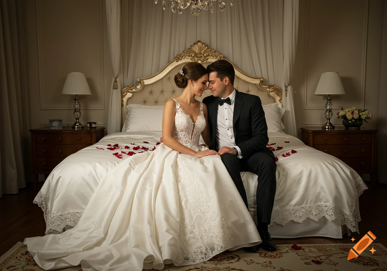 A photorealistic image of a bride and groom sitting on a luxurious bed covered with rose petals, looking at each other lovingly.