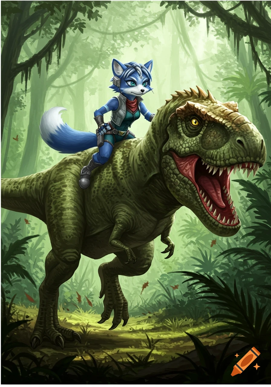 Illustrated Krystal from Starfox riding a green T-Rex through a lush jungle.