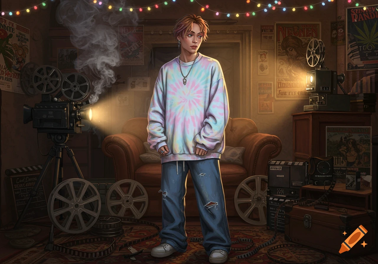 A person in a tie-dye sweatshirt and ripped jeans stands in a room filled with vintage film equipment, film posters, and string lights, looking off to the side in an art style.