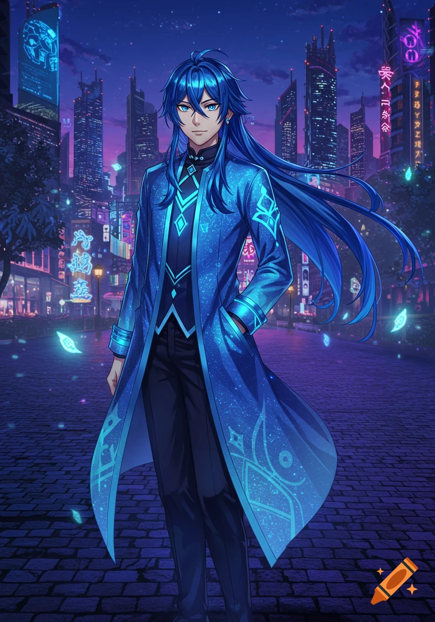 Anime male character with long blue hair and glowing blue coat stands in a futuristic cyberpunk city at night.