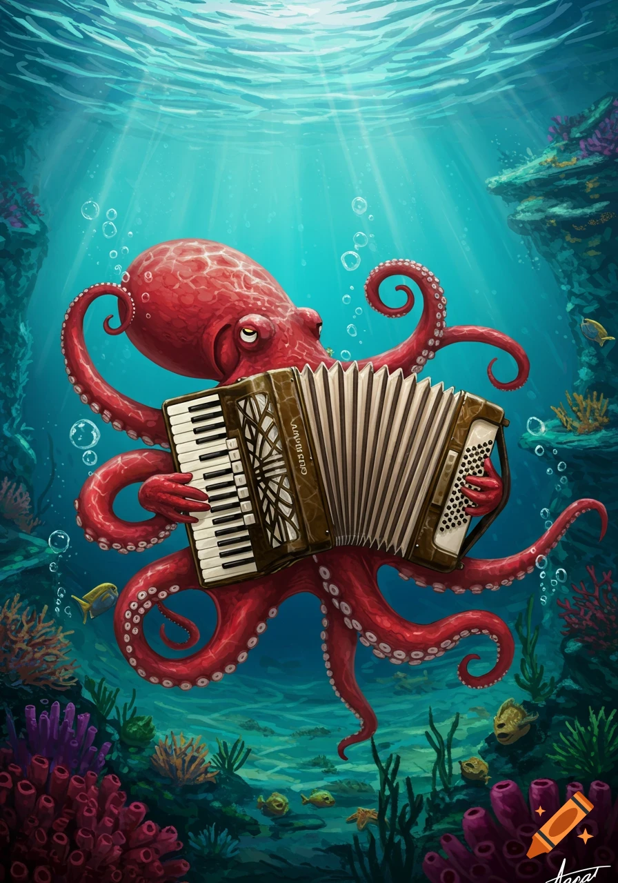 A whimsical red octopus plays an accordion underwater amidst colorful coral and small fish in an illustration style.