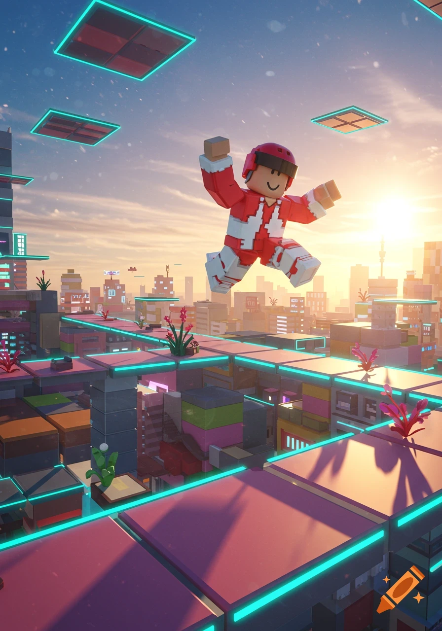 A Roblox player in a red and white outfit jumps high over a futuristic blocky city during sunset, performing parkour.