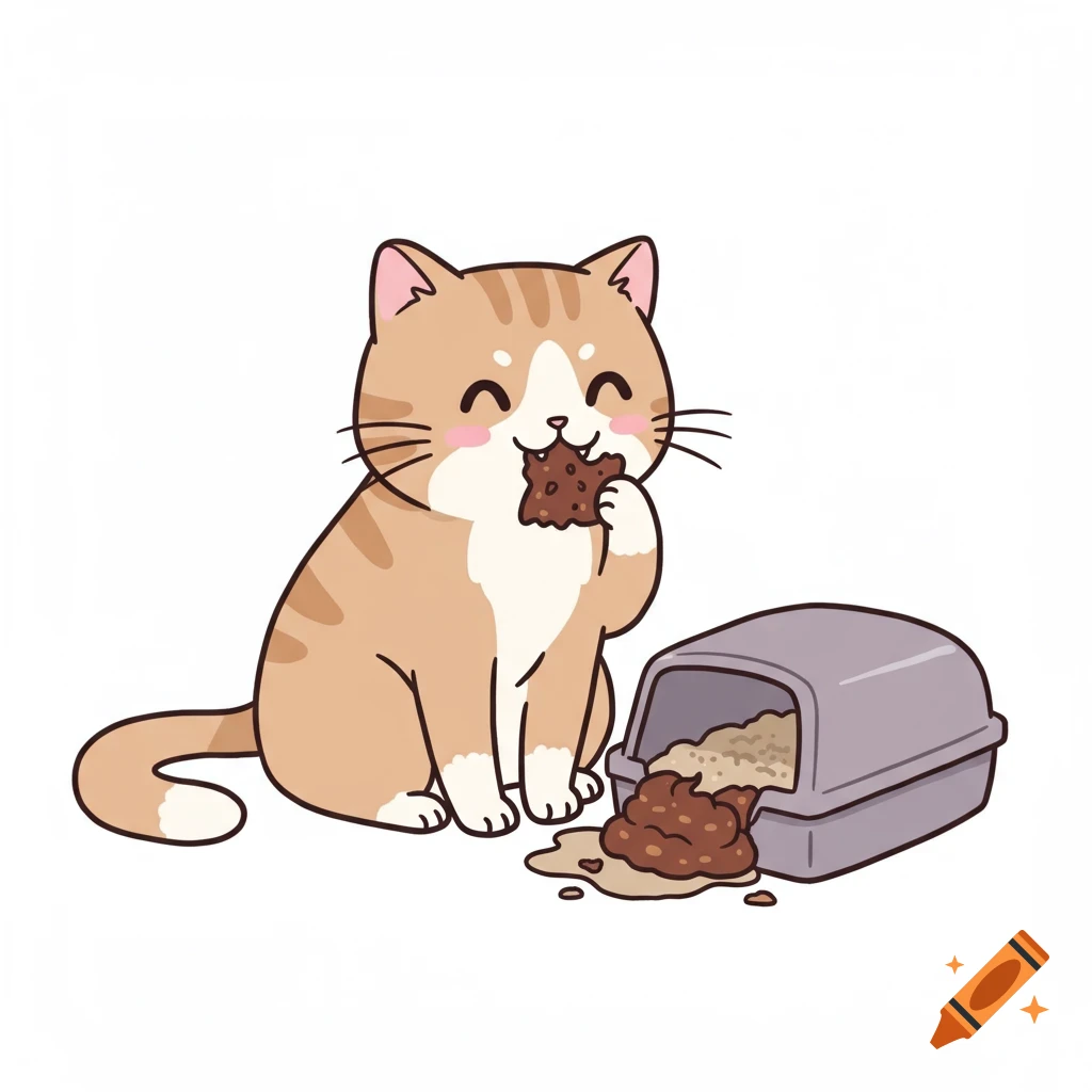 A happy, mischievous cartoon cat with orange stripes eats a brown snack next to a tipped-over litter box with brown contents spilled out.