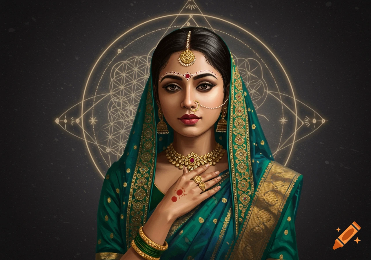 A beautiful woman from Bengal, India, in traditional green and gold attire and elaborate jewelry, with a geometric 'flower of life' halo.