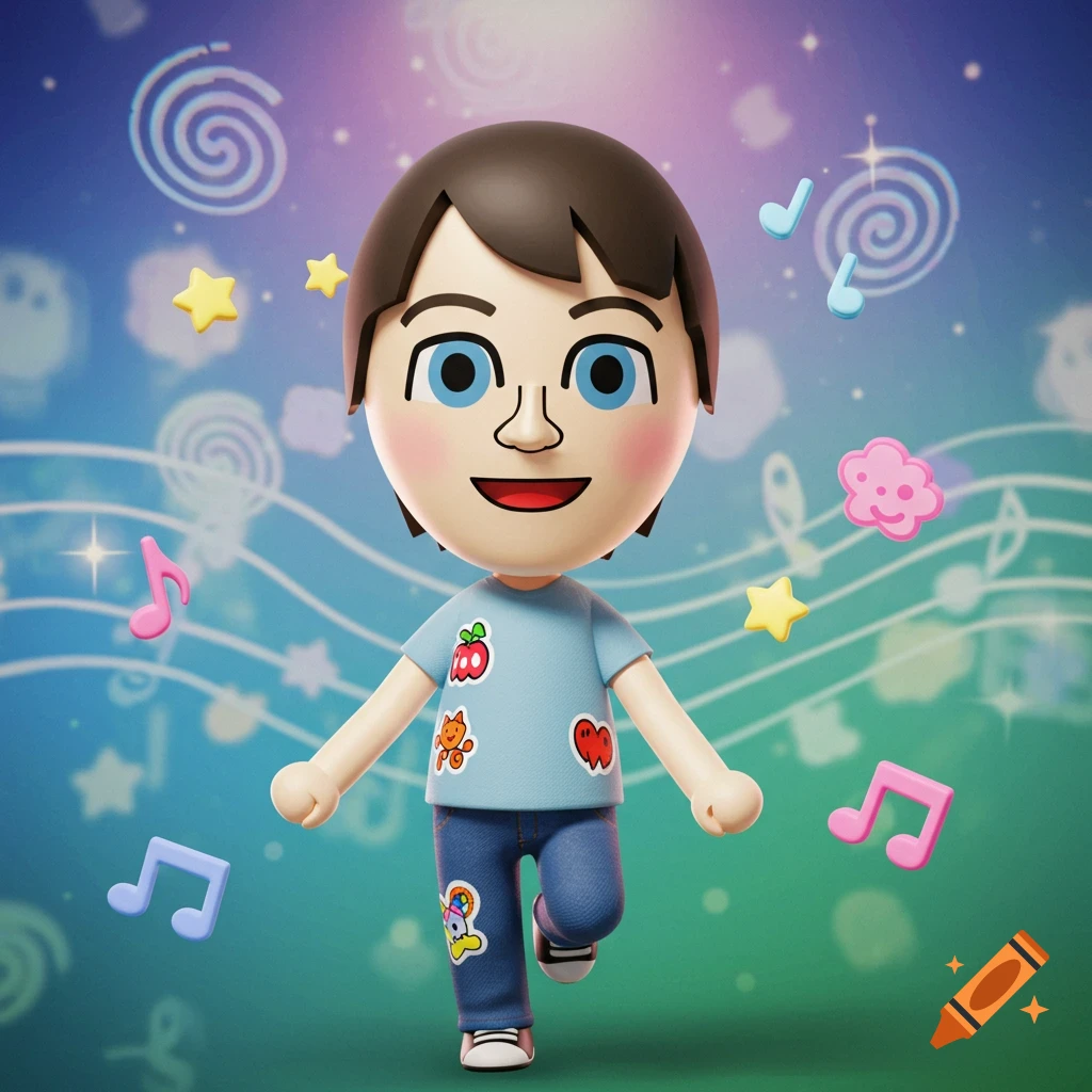 A cheerful Mii character with brown hair, a light blue shirt, and jeans, surrounded by colorful music notes and stars on a gradient background.