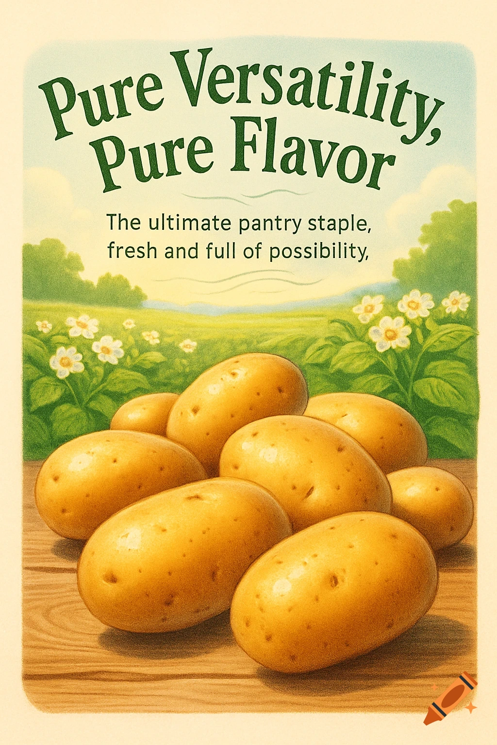 Vintage-style ad poster for potatoes with text 'Pure Versatility, Pure Flavor' on a wooden table in a field.