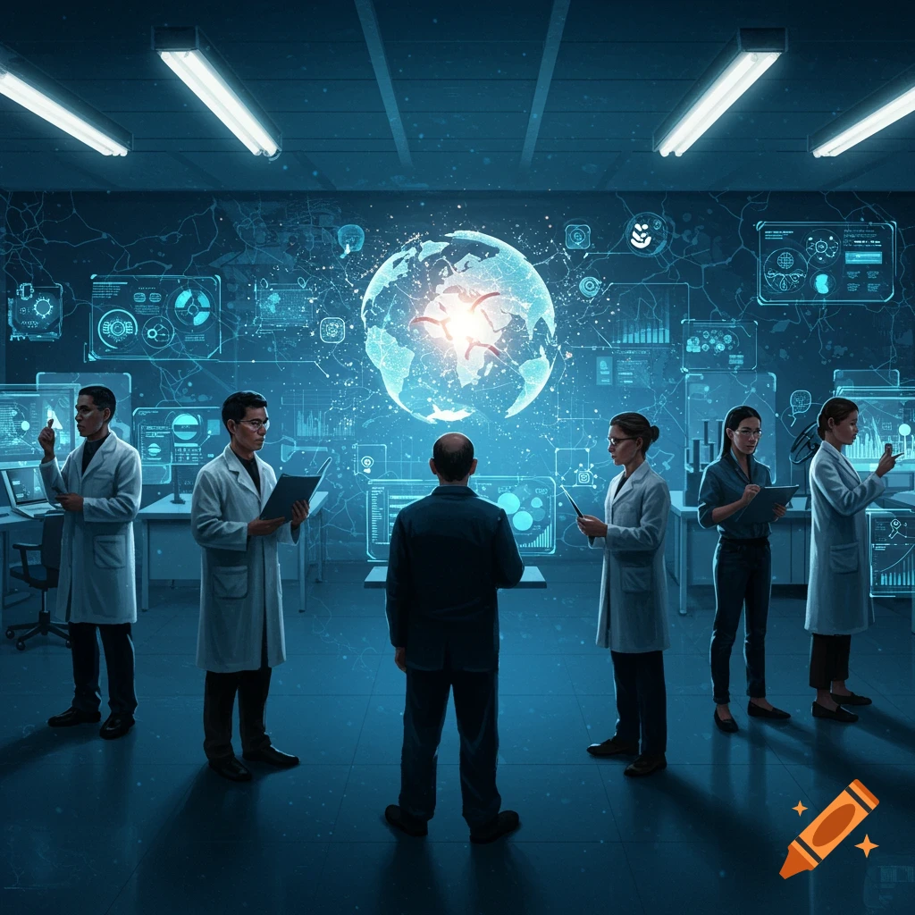 A group of scientists in lab coats stands in a futuristic, dark blue lab, looking at a glowing holographic globe surrounded by data displays.