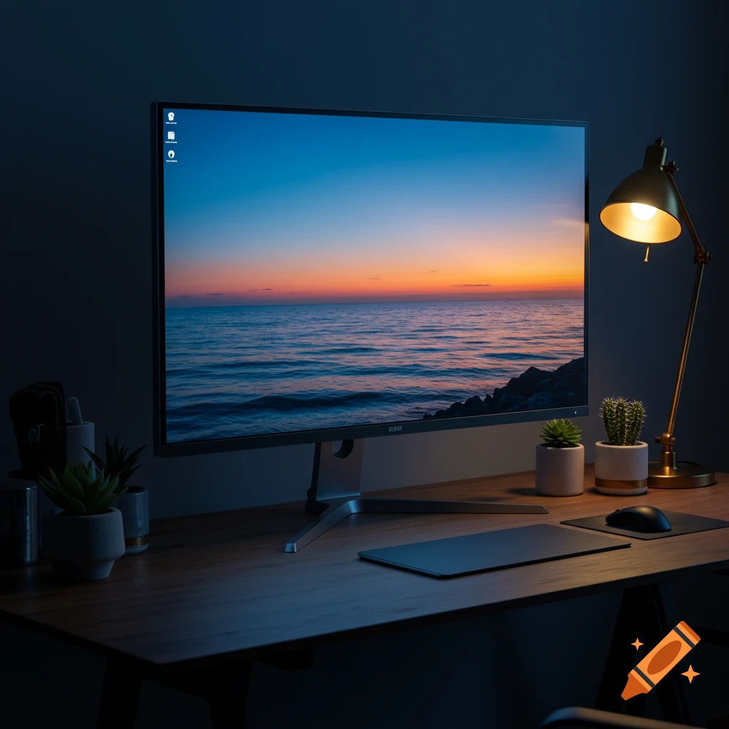A monitor displaying a sunset over the ocean on a desk with a lamp, plants, and a mousepad, in a dark room.