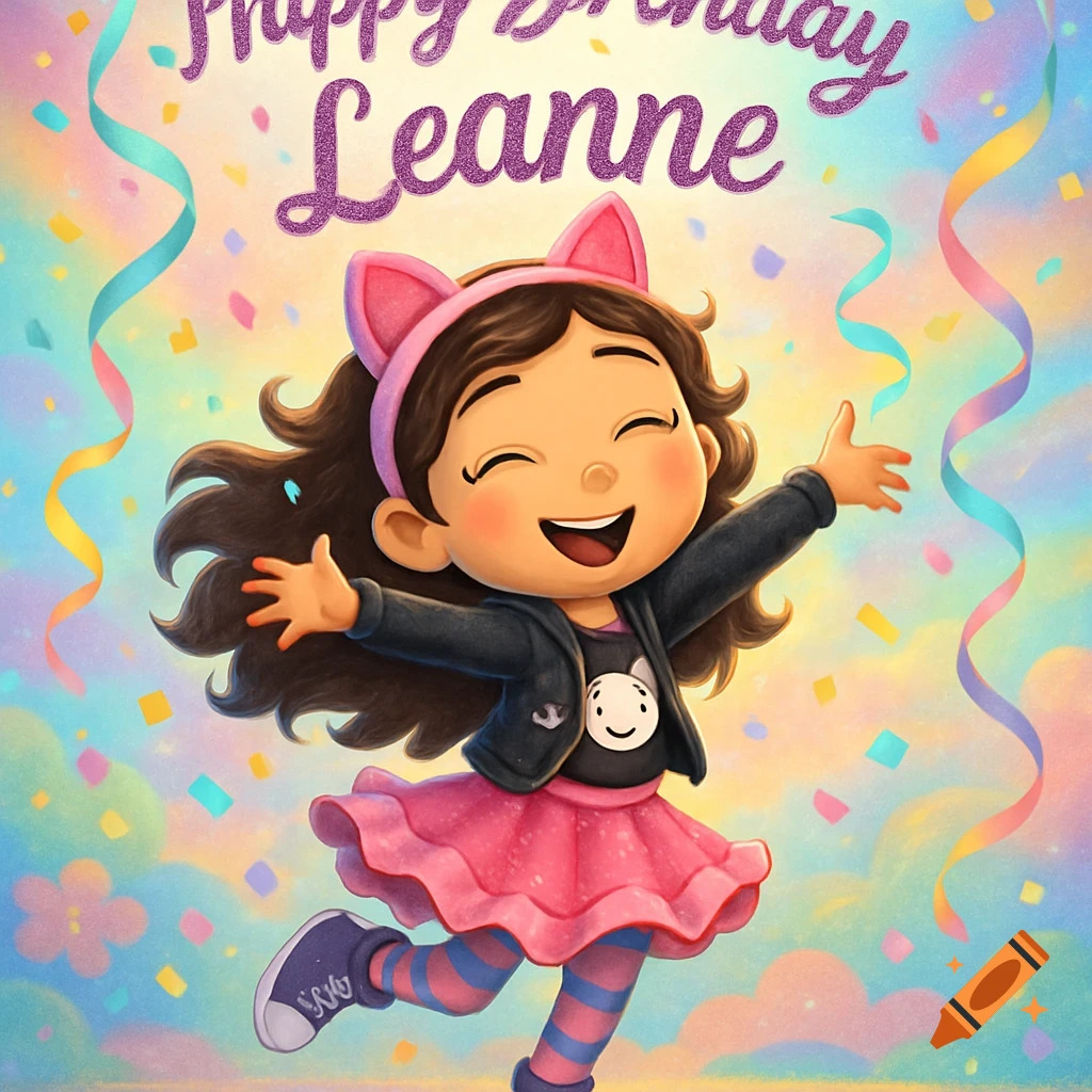 A happy cartoon girl with cat ears, jumping amidst confetti under text 'Happy Birthday Leanne' in a colorful sky.