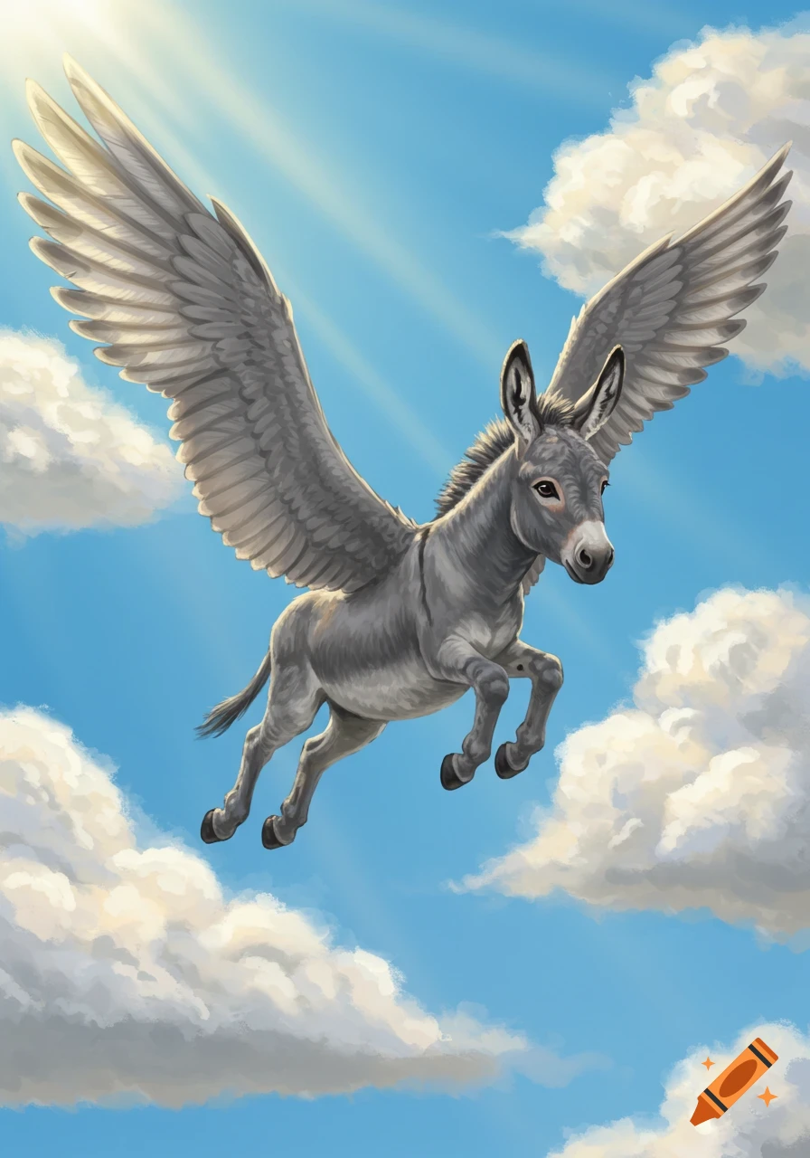 A majestic grey donkey with large feathered wings soars through a bright blue sky with fluffy white clouds and sun rays.