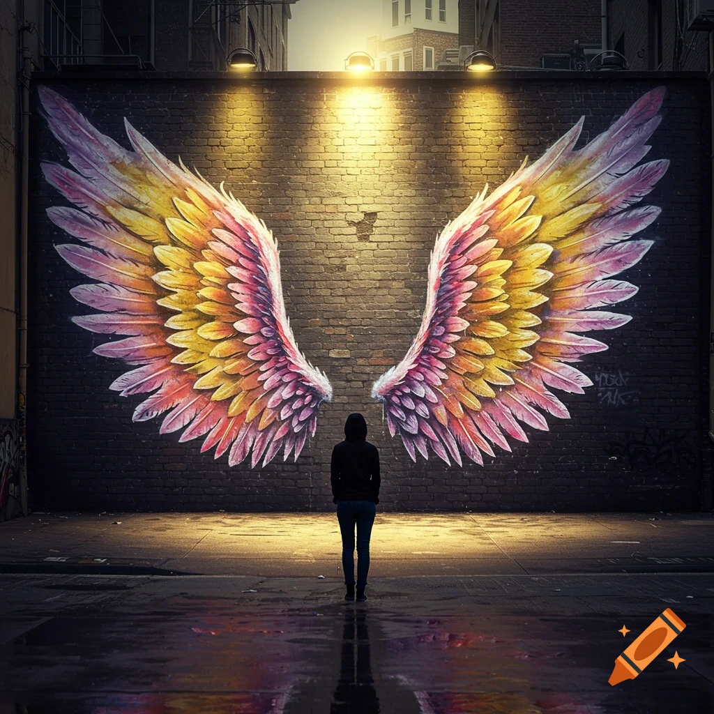 A person stands in a dimly lit urban alley, facing a brick wall with vibrant pink and yellow angel wing graffiti, reflected on the wet ground.