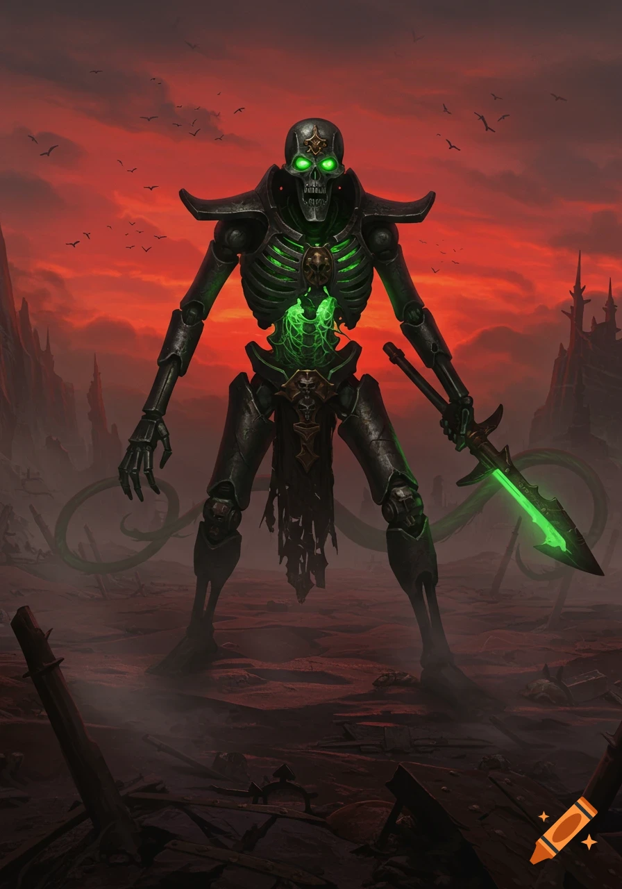 A towering robotic skeleton, a Necron, with glowing green eyes and chest, stands in a desolate red landscape, holding a glowing green sword.
