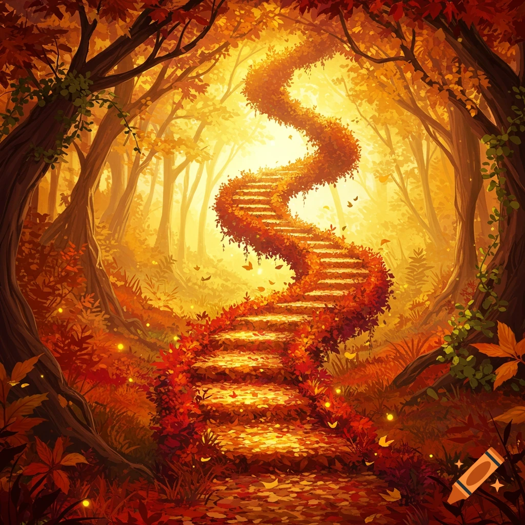 A winding staircase covered in vibrant autumn leaves ascends through a golden, ethereal forest in a painterly style.