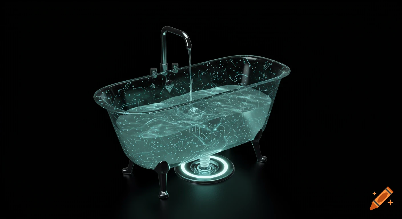 A highly detailed 3D render of a futuristic transparent bathtub with glowing circuit patterns, filled with glowing liquid data, and a digital faucet dripping. Set in a dark digital space.