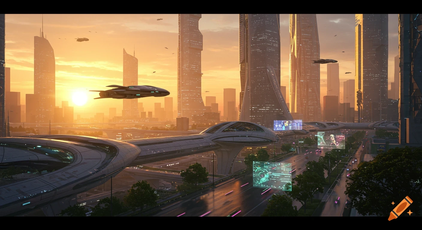 Futuristic city at sunrise with towering skyscrapers, flying vehicles, and elevated highways with holographic screens.