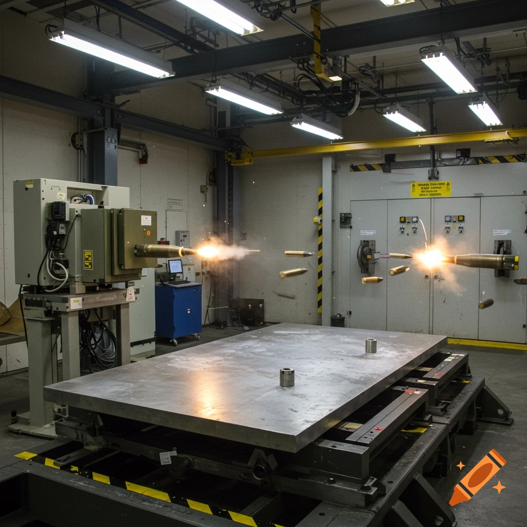 Two machines firing projectiles at an impact-resistant steel plate in an industrial testing facility.