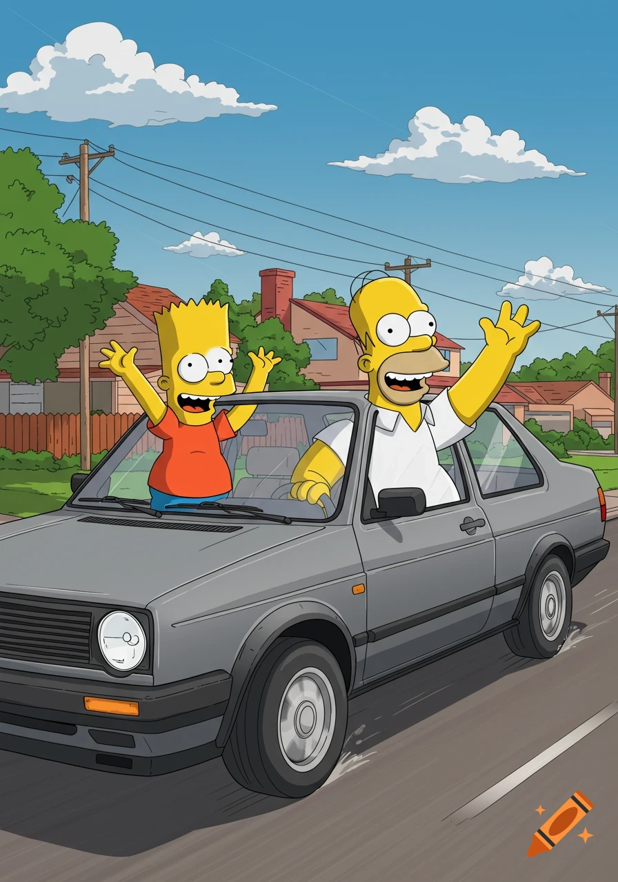 Cartoon Bart Simpson waving from the sunroof of a grey car driven by Homer Simpson on a sunny suburban street.