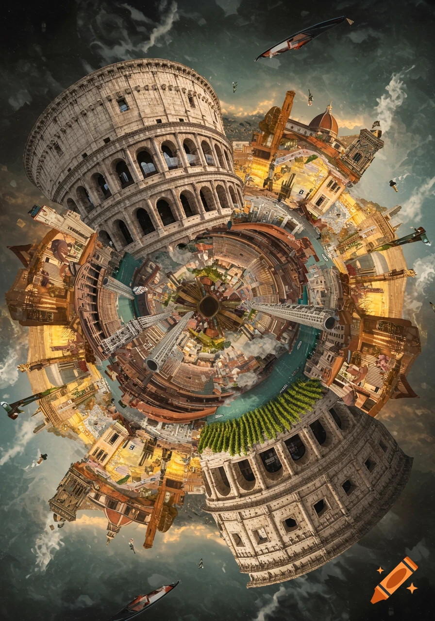 Surreal little planet with Italian landmarks like Colosseum and Florence Cathedral in a warped cityscape under cloudy sky.