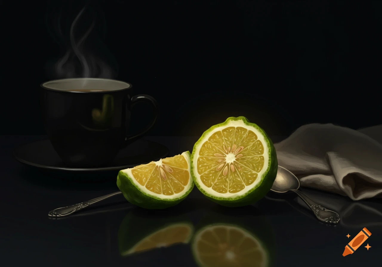 A steaming black cup with a saucer, a sliced green bergamot fruit, and a silver spoon on a dark reflective surface.