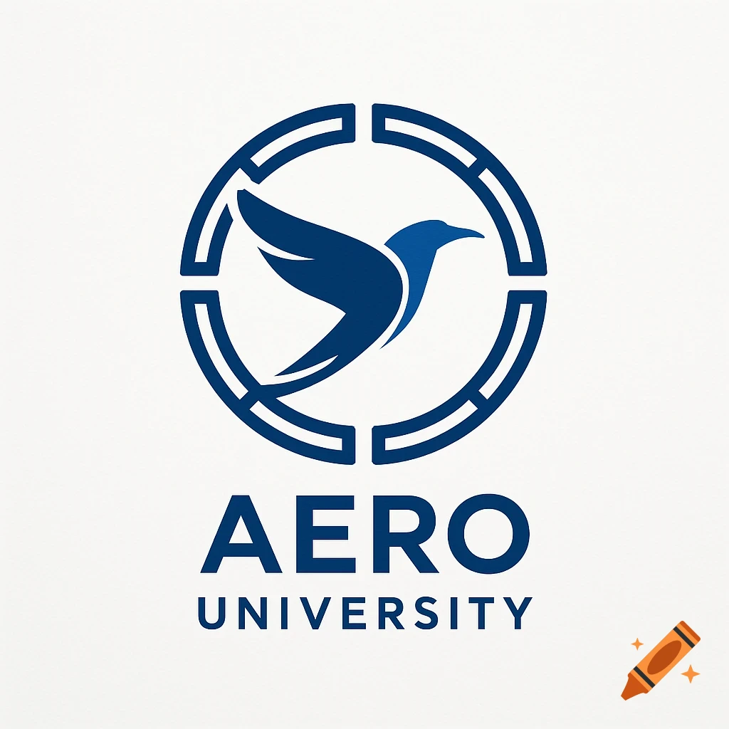 A blue and white college logo for Aero University, with a stylized bird inside a segmented circle.