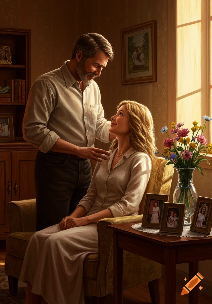 A man lovingly looks at a woman seated in a chair in a warm, painterly domestic scene with flowers and photos.