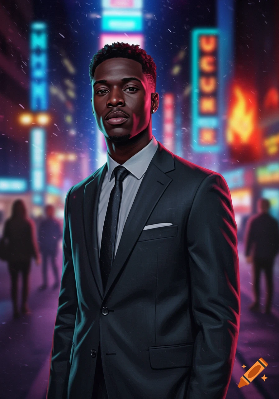 Stylish Black man in a dark suit stands in a neon-lit city at night, with falling snow, in a digital art style.