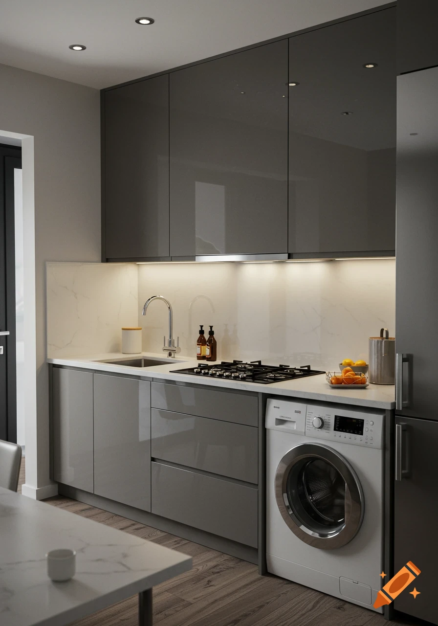 Modern grey high-gloss kitchen with a sink, gas stove, washing machine, and refrigerator, in a photorealistic style.