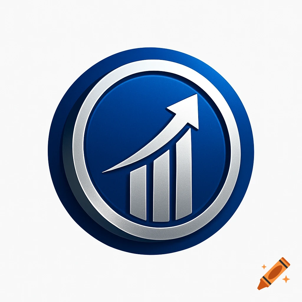 A sleek 3D rendered logo featuring a blue circle with a silver upward-pointing bar graph and arrow, symbolizing growth.