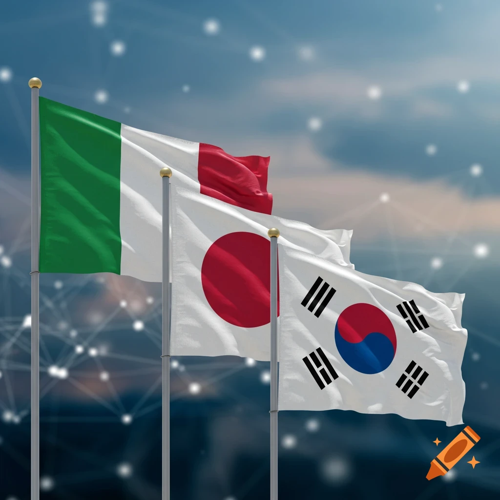 Italian, Japanese, and South Korean flags wave on poles against a cloudy sky with a digital network overlay.