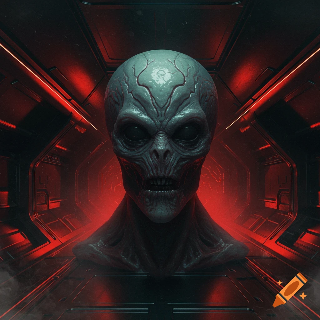 Close-up of a scary grey alien head with a large forehead and prominent veins, against a dark sci-fi background with red light.