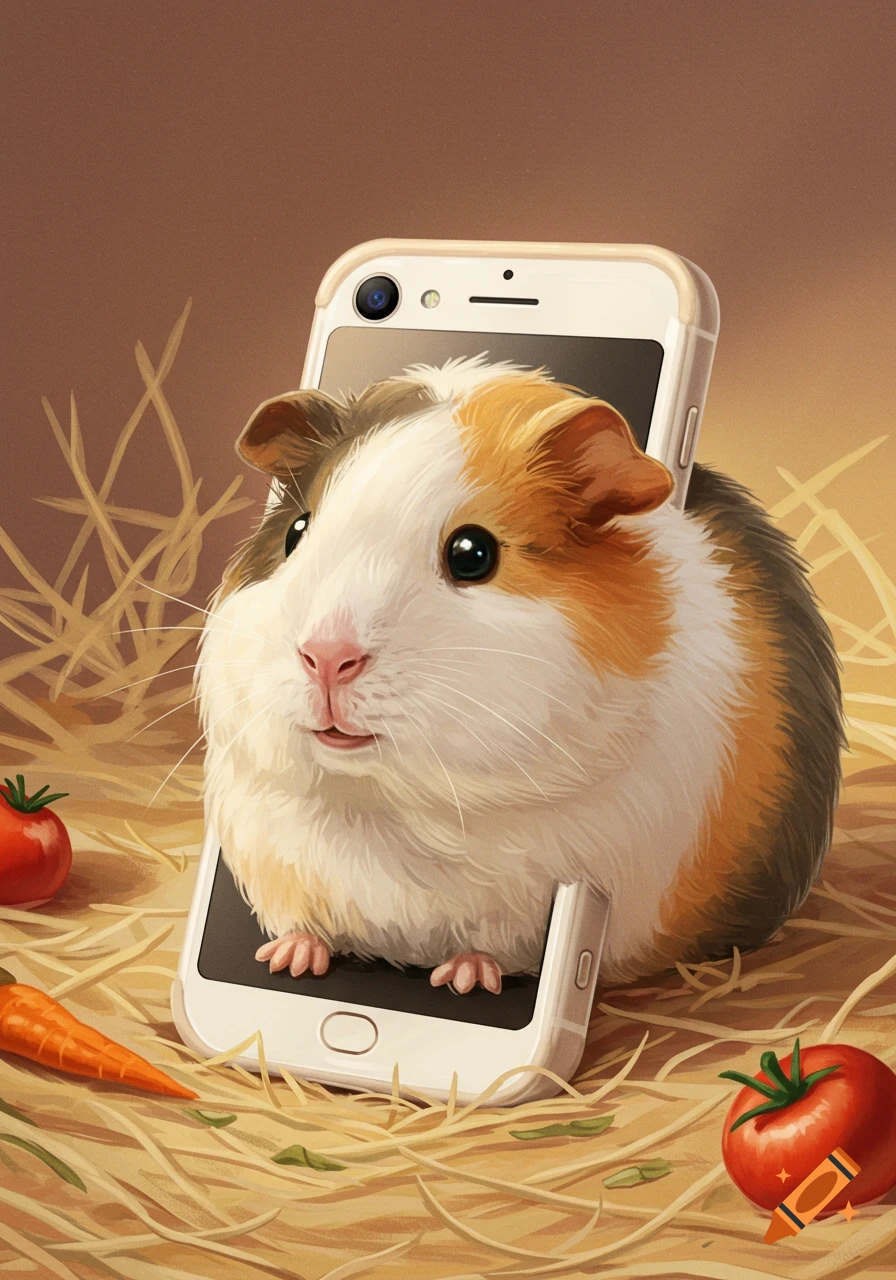 A cute guinea pig with white, brown, and orange fur pops out of a smartphone in a hay-filled setting with a carrot and tomatoes. Stylized illustration.